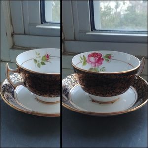 Vintage 40s Phoenix bone China black gold gilt rose print teacup cup saucer set